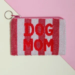 Dog Mom Beaded Coin Purse in Pink & White Stripe