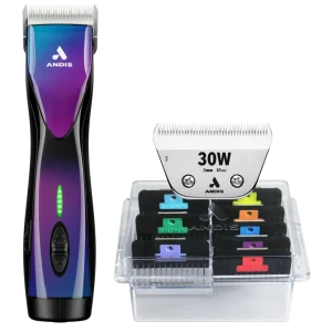 Pulse ZR II Purple Galaxy Clipper with #30W Blade and 8Pc Wide Comb Attachment Bundle by Andis