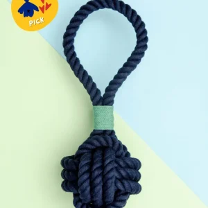 Monkey Fist Rope Dog Toy in Navy with Green Whipping (Made in the USA)