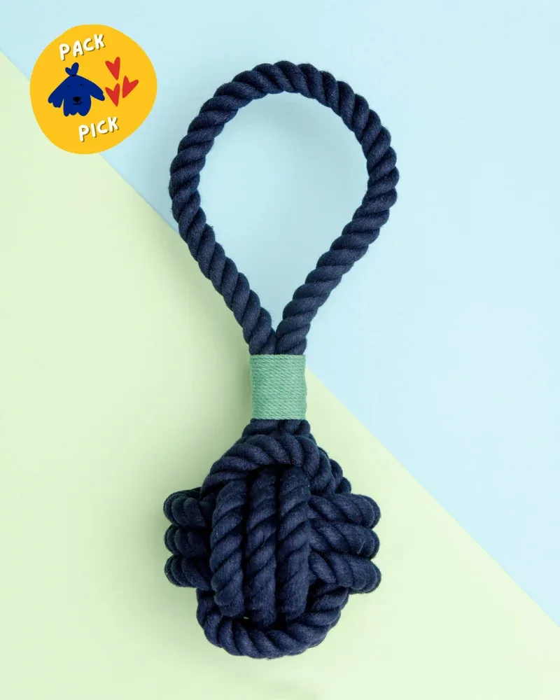 Monkey Fist Rope Dog Toy in Navy with Green Whipping (Made in the USA)