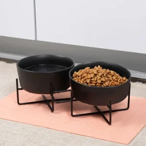 Simple Solid Double Feeder Bowl + Bowl Stand in Black