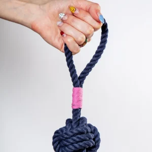 Monkey Fist Rope Dog Toy in Navy with Pink Whipping (Made in the USA)