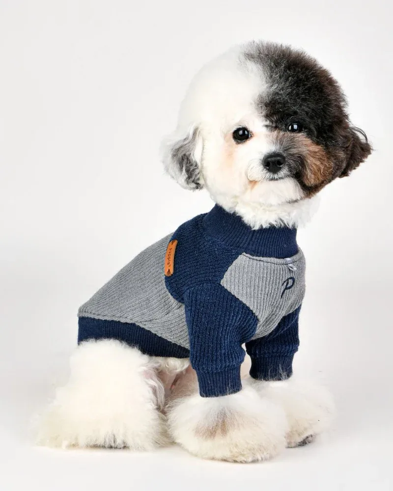 Ribbed Mock Neck Pullover Dog Shirt in Navy((CLEARANCE))