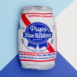 Pups Blue Ribbon Beer Can Squeaky Plush Dog Toy