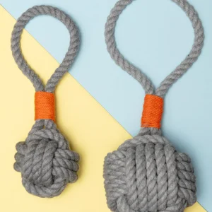 Monkey Fist Rope Dog Toy in Gray with Orange Whipping (Made in the USA)