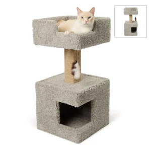 Whisker City® 32.5-in Square Perch and Cando Carpet Cat Tower with Scratching Post, Dangling Toy