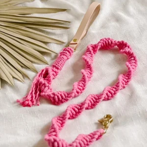 Macrame and Leather Dog Leash in Hot Pink (Made in the USA)
