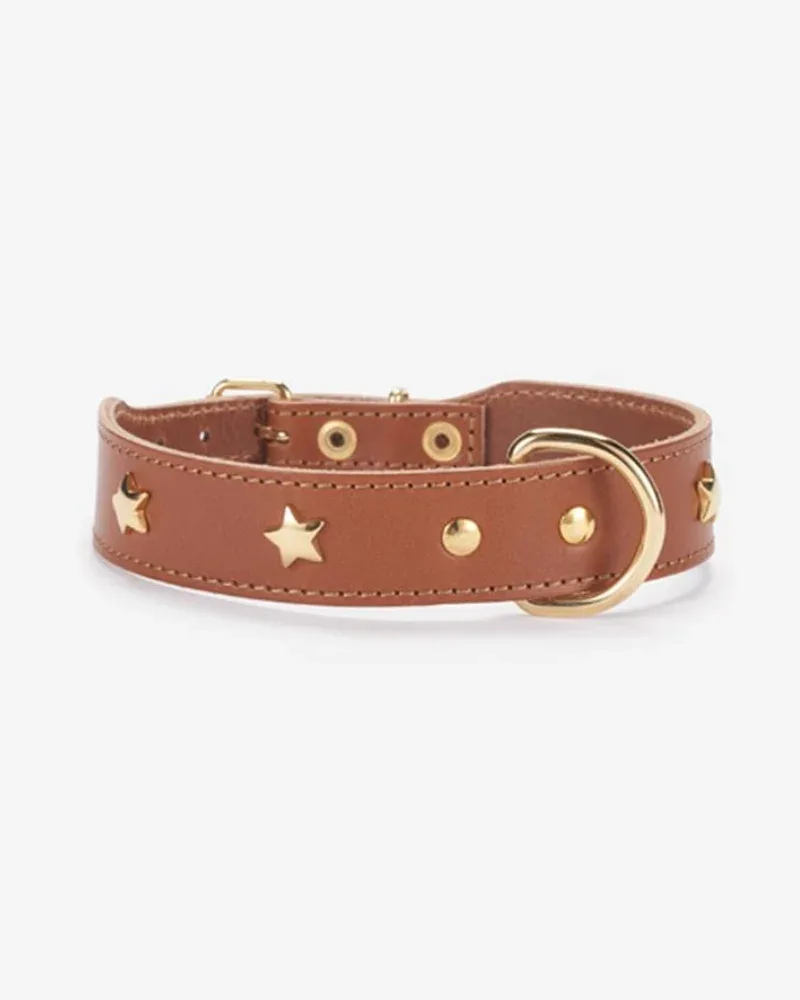 Cognac Leather Dog Collar with Brass Stars (Made in Italy) - Image 2