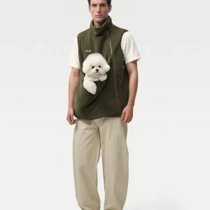 Kangaroo Pouch Unisex Asymmetric Fleece Vest in Olive