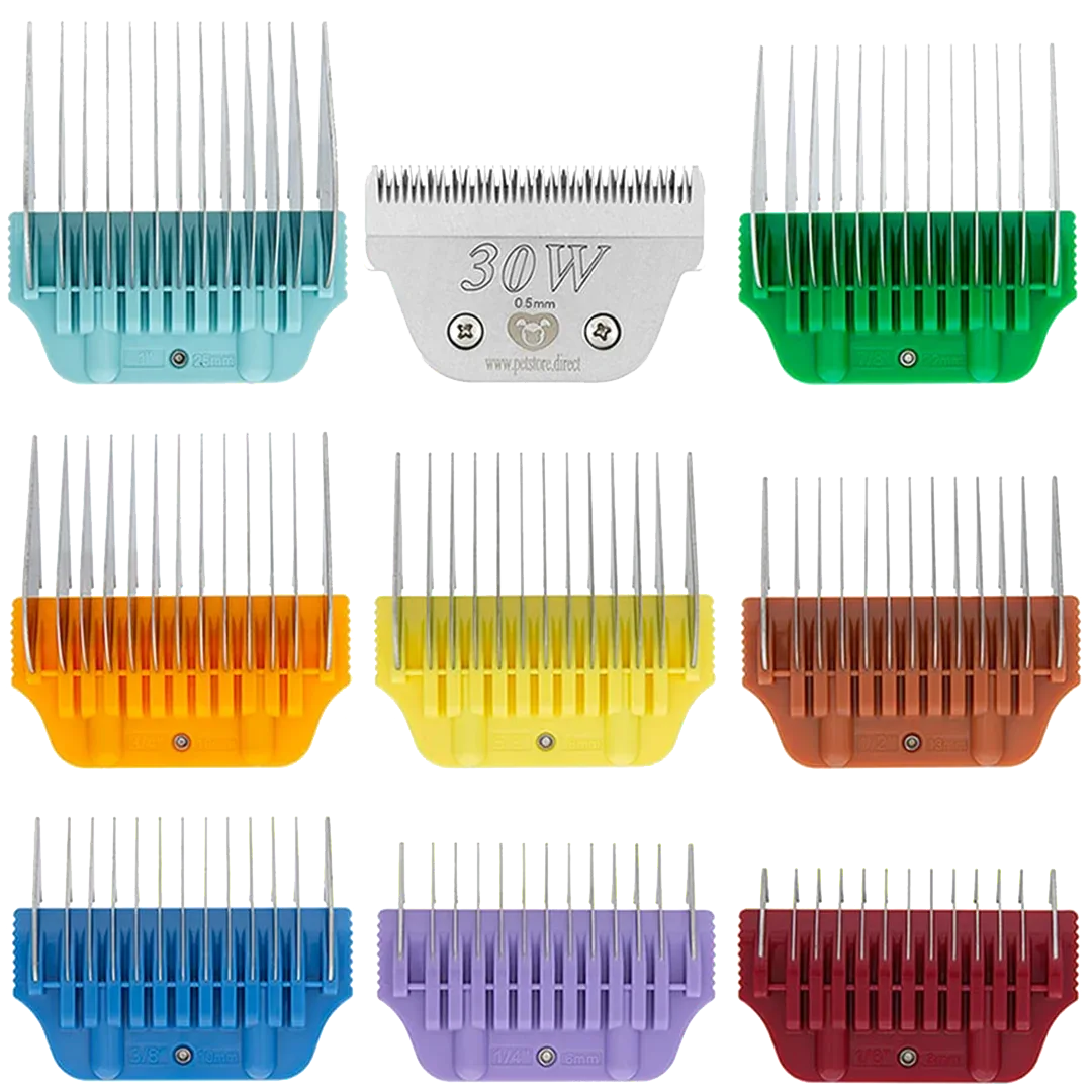 Wide Combs Colored Set of 8 (1/8″ through 1″) with 30W blade by PetStore.Direct