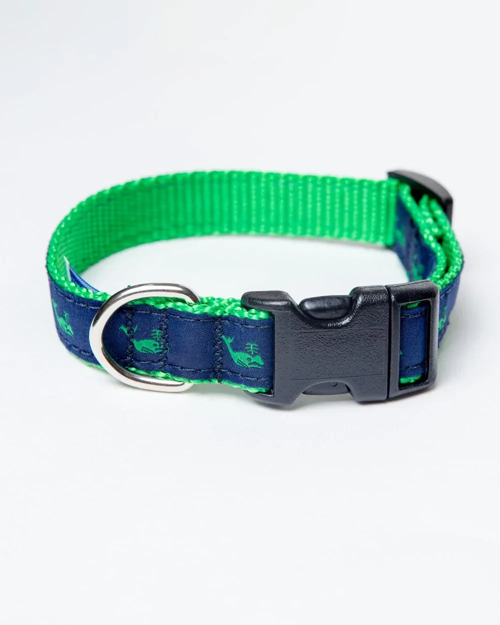 Navy + Green Whale Adjustable Dog Collar (Made in the USA)