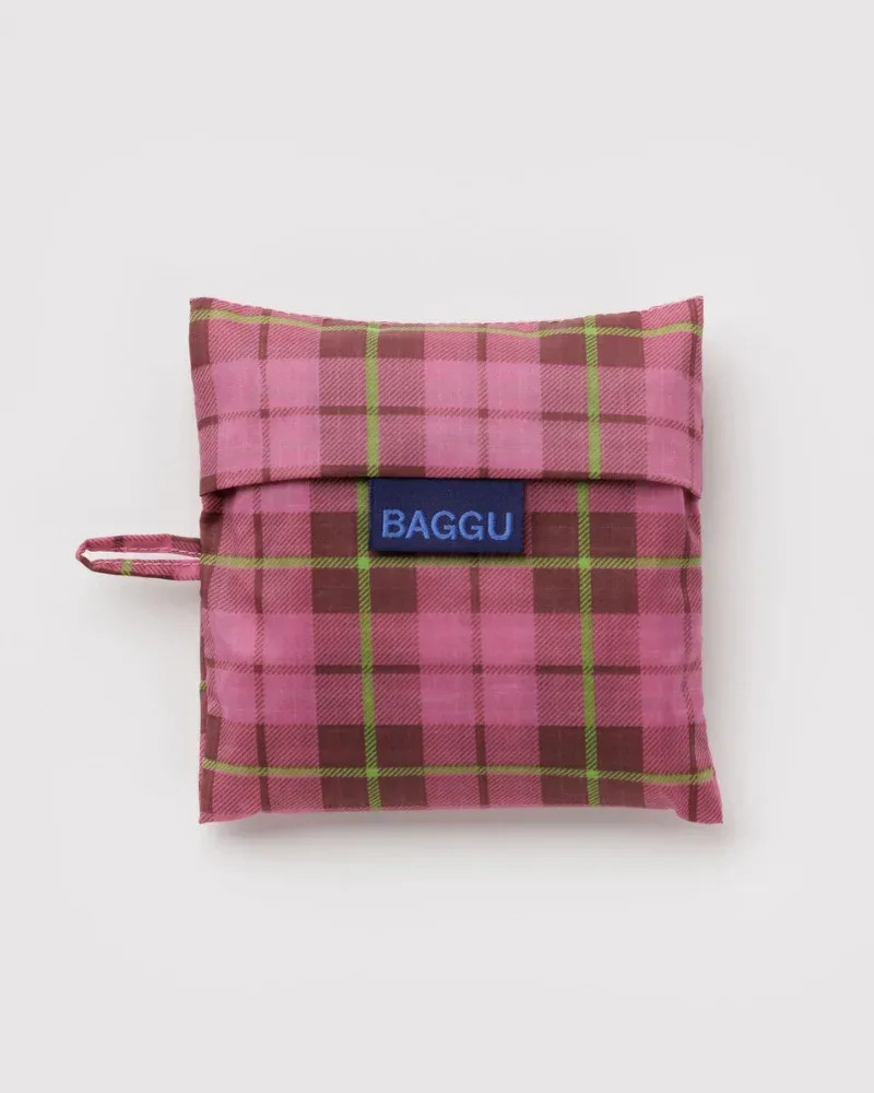 Standard Baggu Reusable Bag in Azalea Pink Tartan - Image 2
