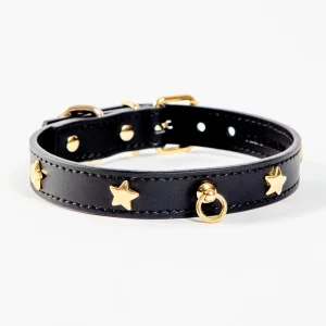 Black Nara Leather Dog Collar with Brass Stars (Made in Italy) (FINAL SALE)