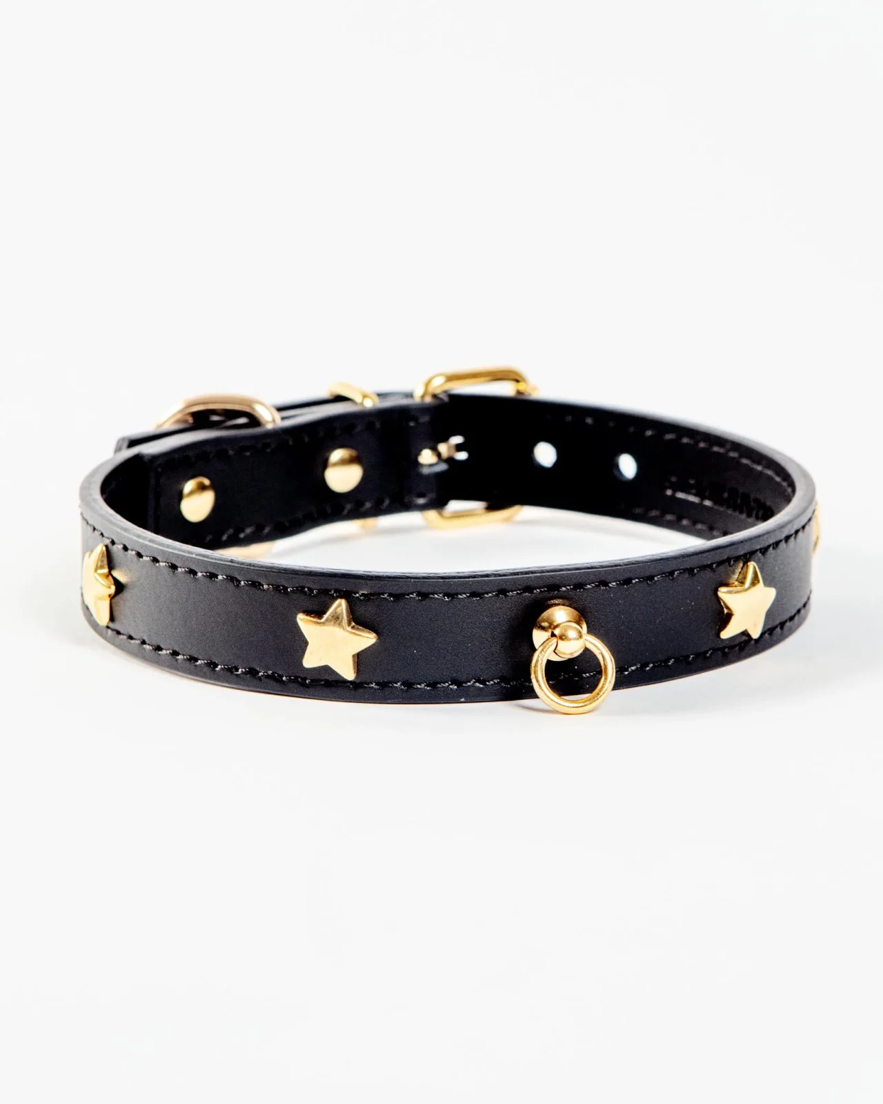 Black Nara Leather Dog Collar with Brass Stars (Made in Italy) (FINAL SALE)