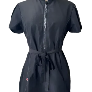 Classic Black Rhinestone Half Zipper Front Stylish Scrub Tunic by Ladybird Line