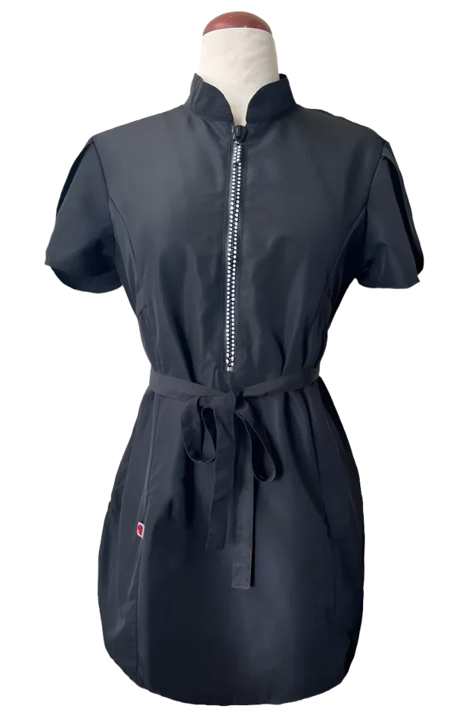 Classic Black Rhinestone Half Zipper Front Stylish Scrub Tunic by Ladybird Line