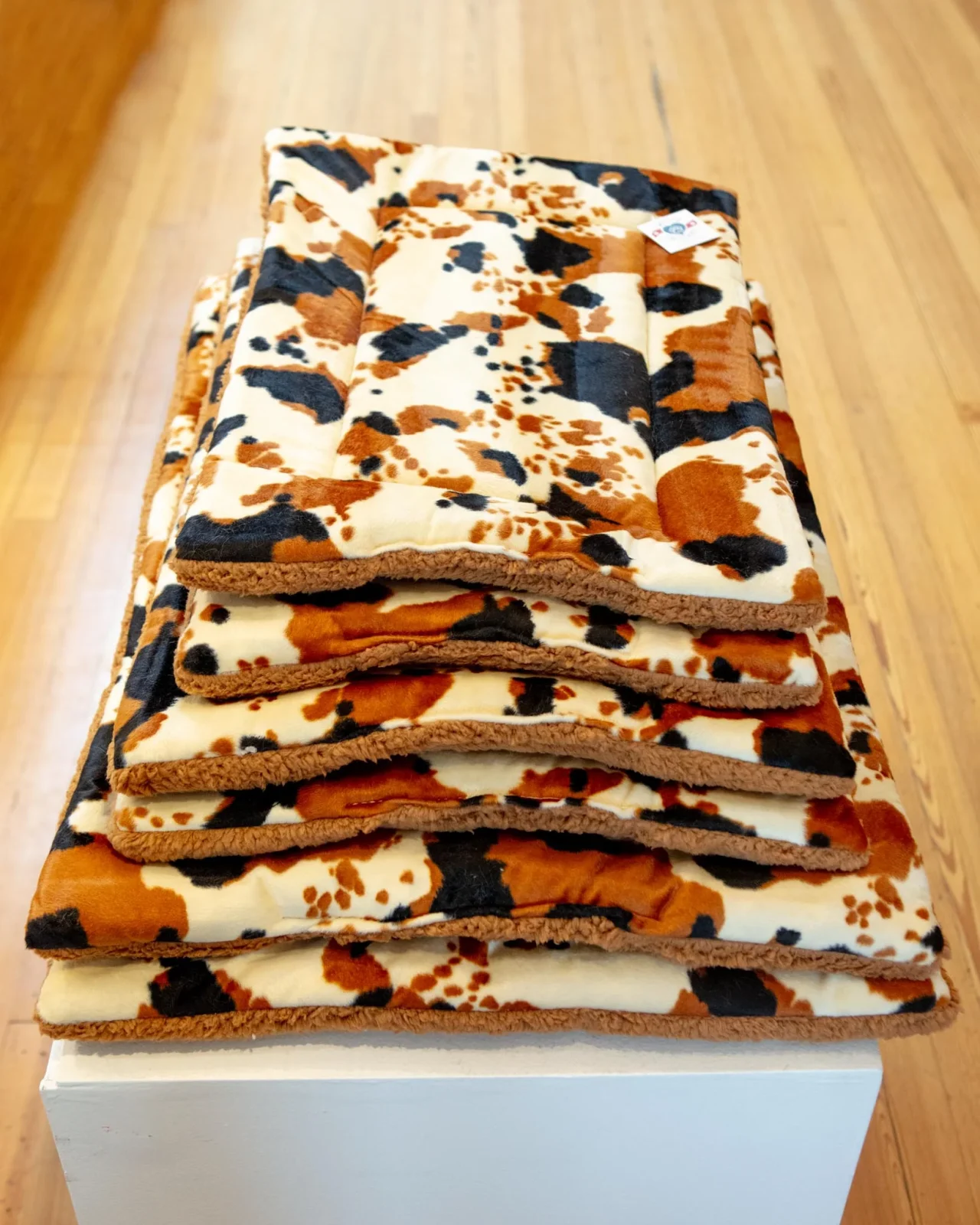 Tan Cow Print Velboa Fur Fleece Pet Napping Mat (Made in the USA)