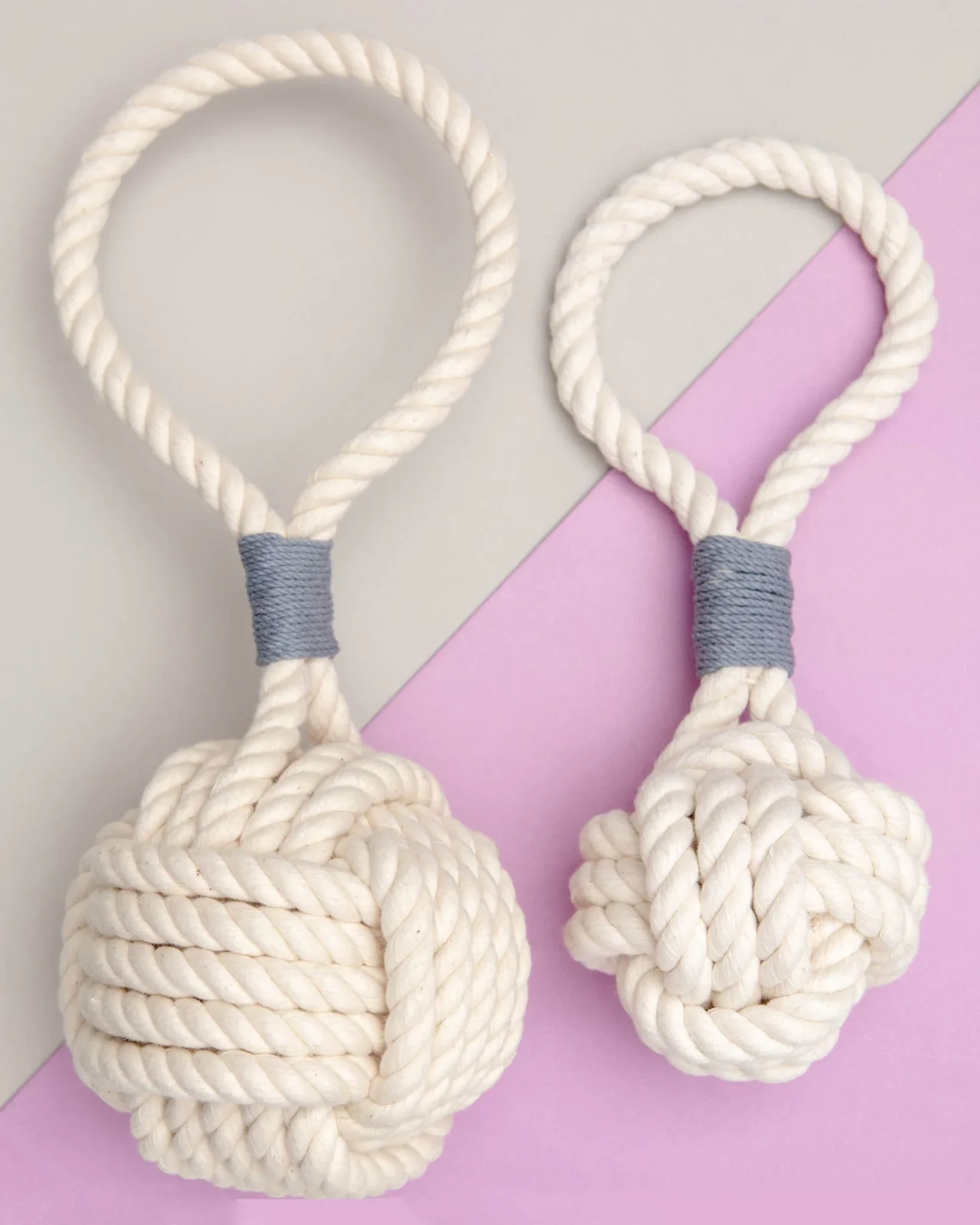 Monkey Fist Rope Dog Toy in White with Grey Whipping (Made in the USA) - Image 2