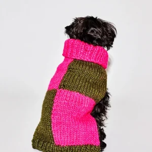 Hand Knit Checkered Wool Dog Sweater (Pink & Green) (FINAL SALE)
