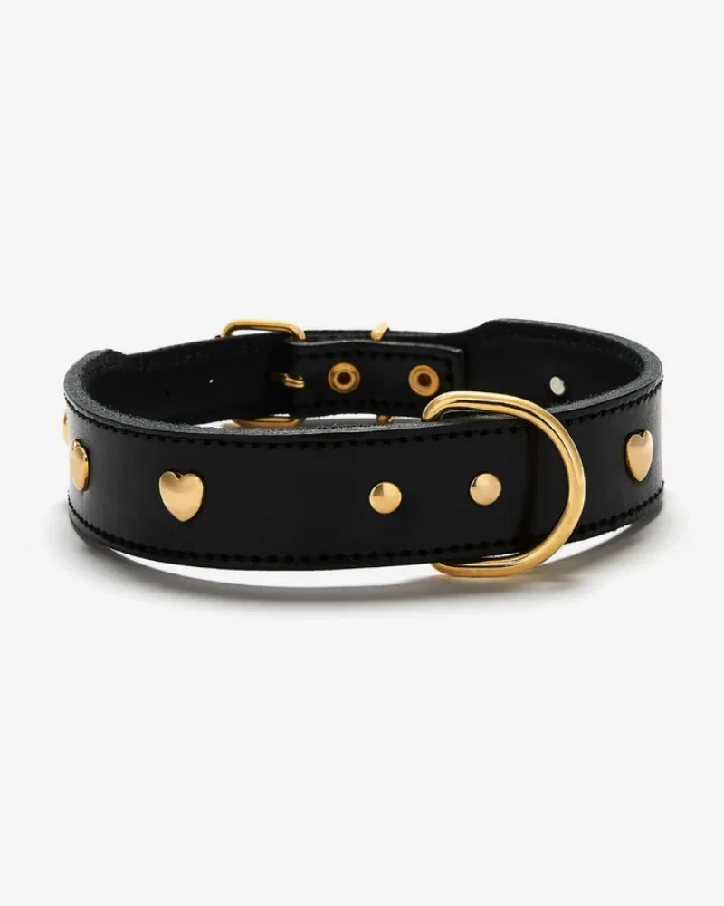 Lily Black Leather Dog Collar with Brass Hearts (Made in Italy) (FINAL SALE) - Image 2