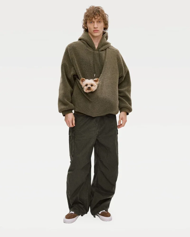 Unisex Fleece Hoodie with Built-In Kangaroo Pouch Dog Carrier in Olive - Image 2