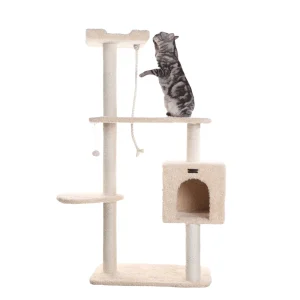 Armarkat 57-in Classic Faux Fur Real Wood Pet Kitten Play Activity Tree, Beige