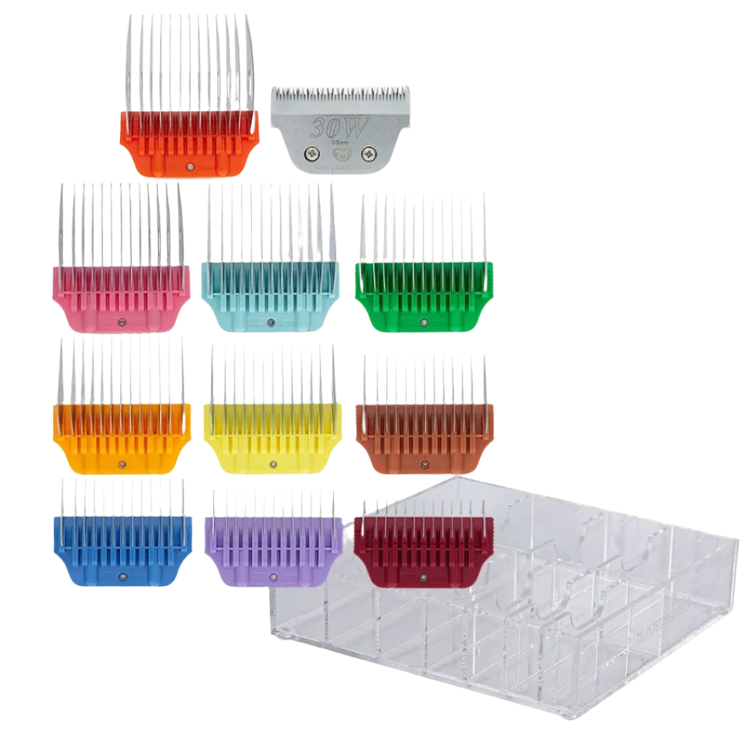 Wide Colored Combs Set of 10 and 30W Blade With Clear Holder by PetStore.Direct