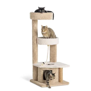 Whisker City® 48-in Cozy Climber Carpet 3-Level Cat Tower W/ Scratching Post,Cat Condo, Dangle Rope