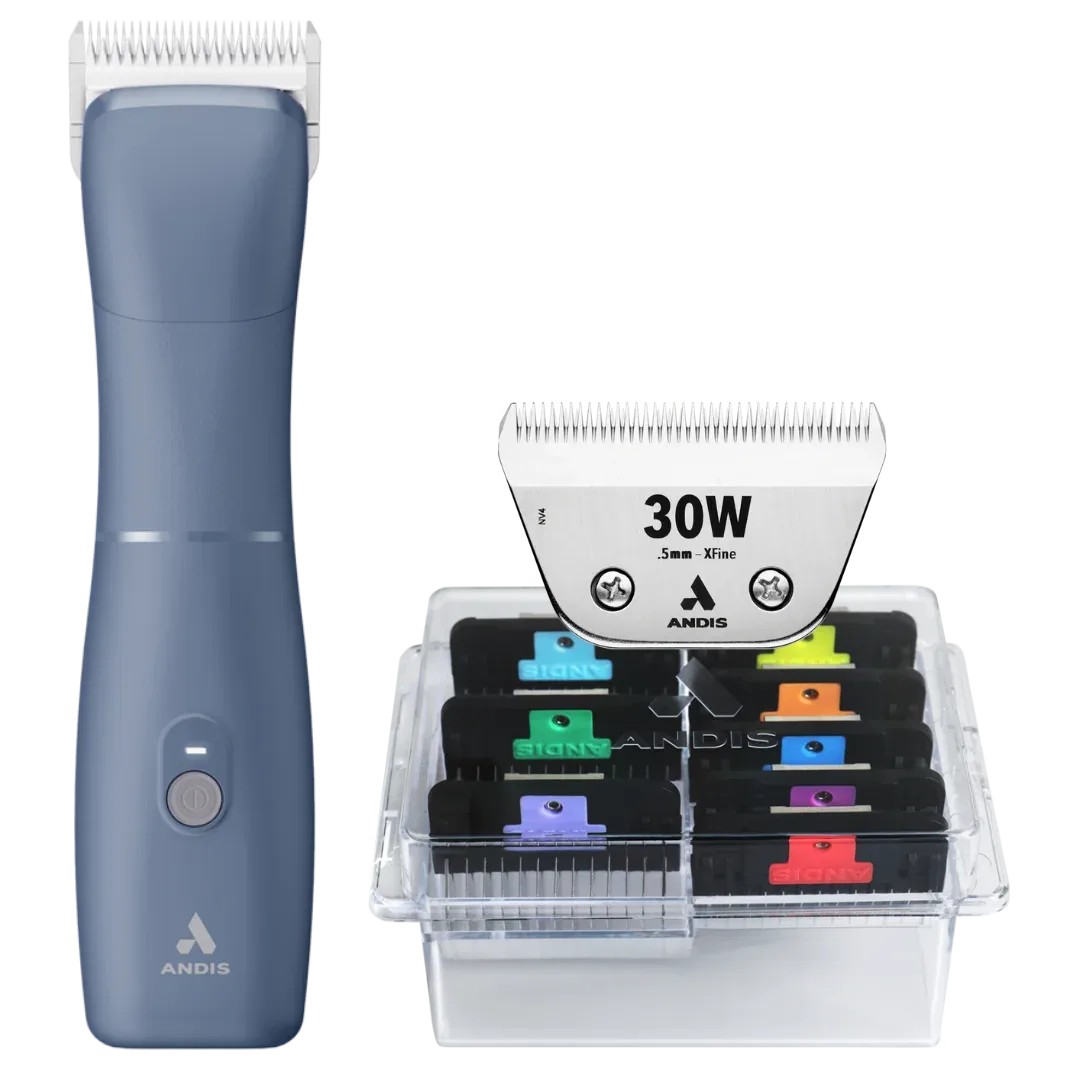 Emerge Clipper Blue with #30W Blade and 8Pc Wide Comb Attachment Bundle by Andis