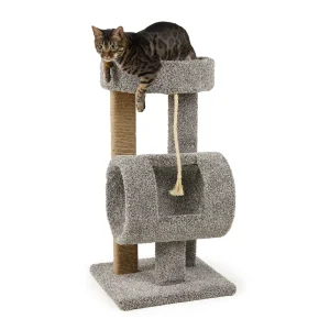 Whisker® City Cozy Cat Scratching Post Tunnel Tower, Gray, 37" Tall, Fleece, Carpet, 20" L X 20" W