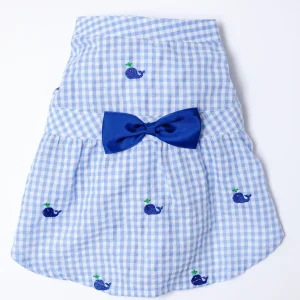 Seersucker Gingham Dog Dress with Embroidered Whales (CLEARANCE)