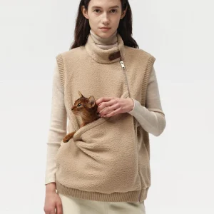 Classic Kangaroo Pouch Unisex Asymmetric Fleece Vest in Tan