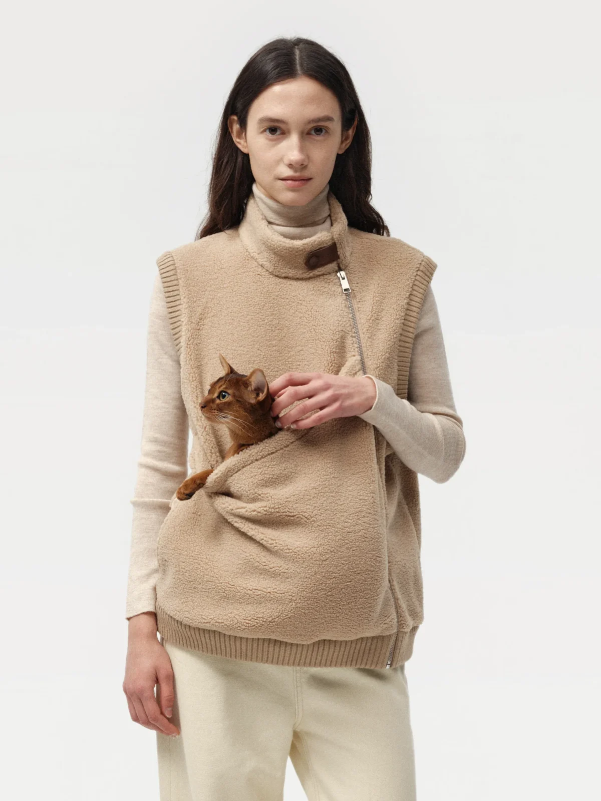 Classic Kangaroo Pouch Unisex Asymmetric Fleece Vest in Tan
