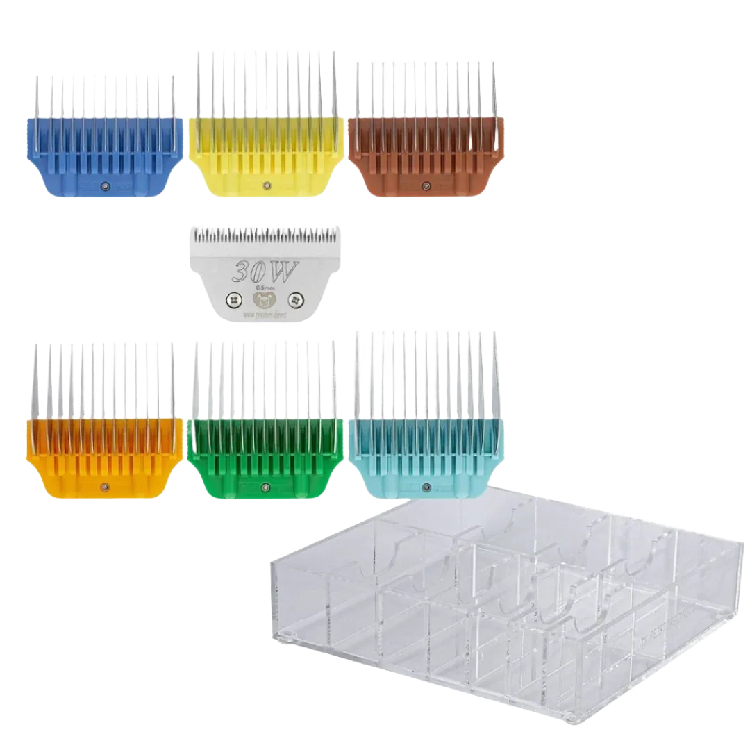 Wide Colored Combs Set of 6 and 30W Blade With Clear Holder by PetStore.Direct