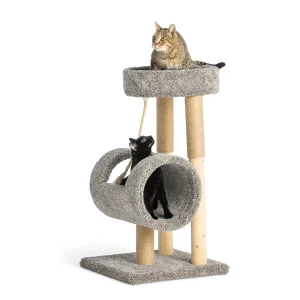 Whisker City® 37-in Faux Fur Cylinder Posh Pad 2-Level Cat Tree W/ Scratching Posts, Dangling Rope