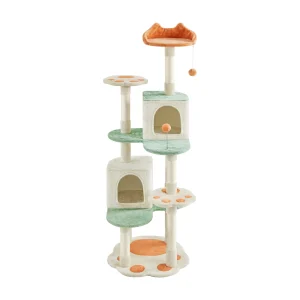 Yaheetech 58-in Cat Paw-Shaped Multi-Level Cat Tree with 2 Condos and 2 Perches, Beige