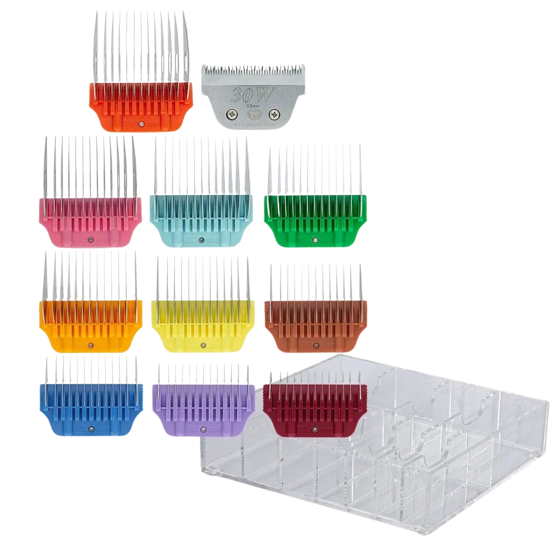 Wide Colored Combs Set of 10 and 30W Blade With Clear Holder by PetStore.Direct - Image 2