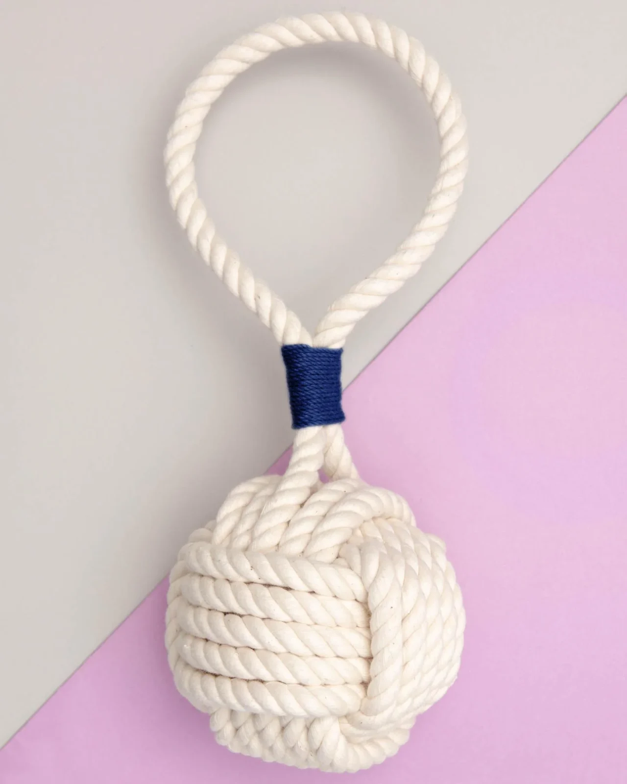 Monkey Fist Rope Dog Toy in White with Navy Whipping (Made in the USA) - Image 2