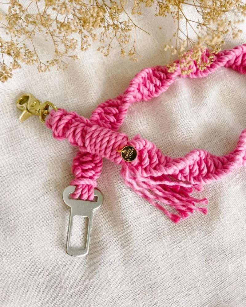 Macrame Seat Belt Dog Restraint in Hot Pink (Made in the USA)