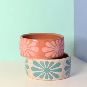 Glazed Stoneware Flower Dog Bowl (Made in the USA)