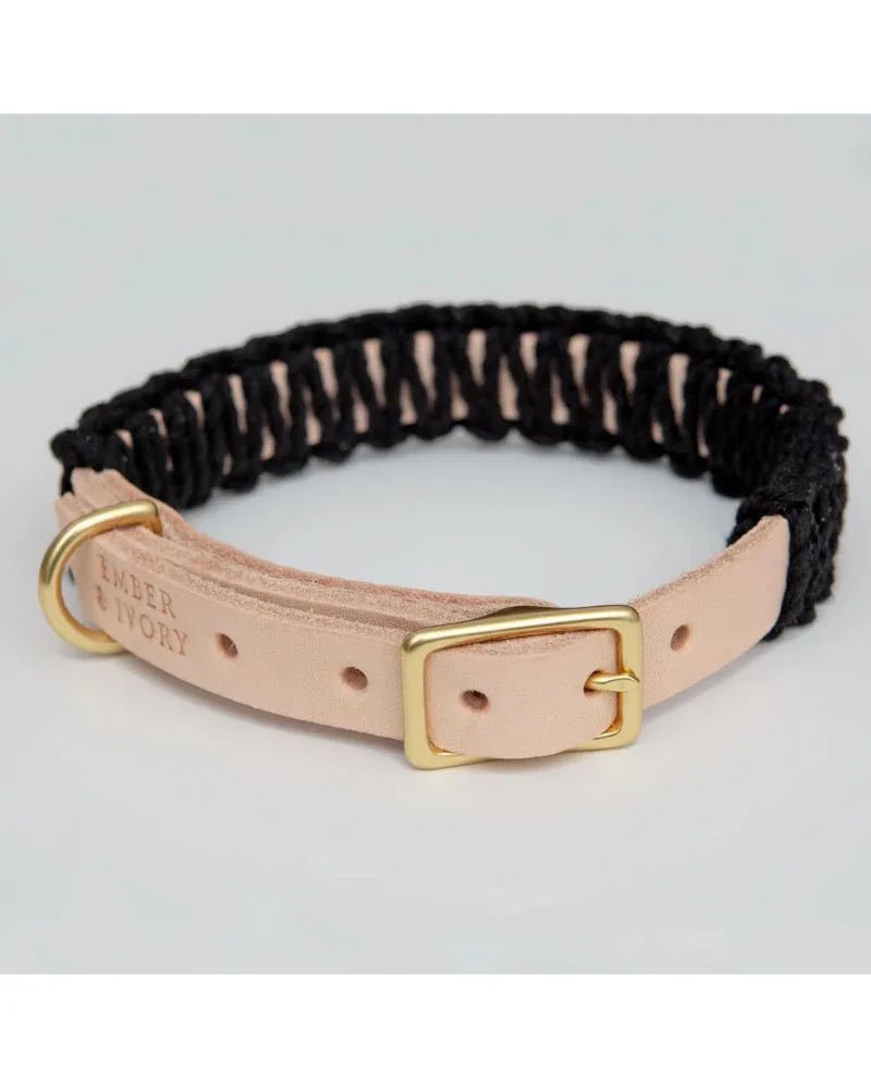 Macrame & Leather Dog Collar in Black w/ Natural (Made in the USA) (FINAL SALE)