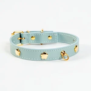Sky Blue Nara Leather Dog Collar with Brass Flowers (Made in Italy)