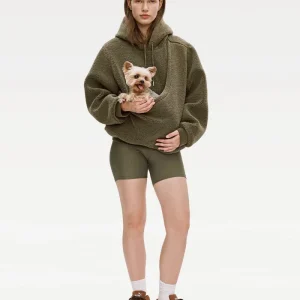 Unisex Fleece Hoodie with Built-In Kangaroo Pouch Dog Carrier in Olive