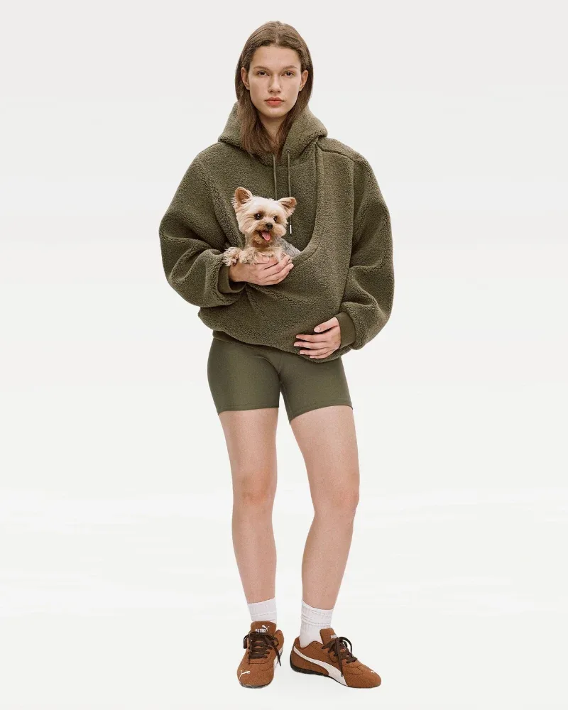 Unisex Fleece Hoodie with Built-In Kangaroo Pouch Dog Carrier in Olive