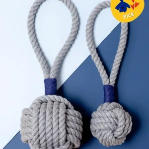 Monkey Fist Rope Dog Toy in Gray with Navy Whipping (Made in the USA)