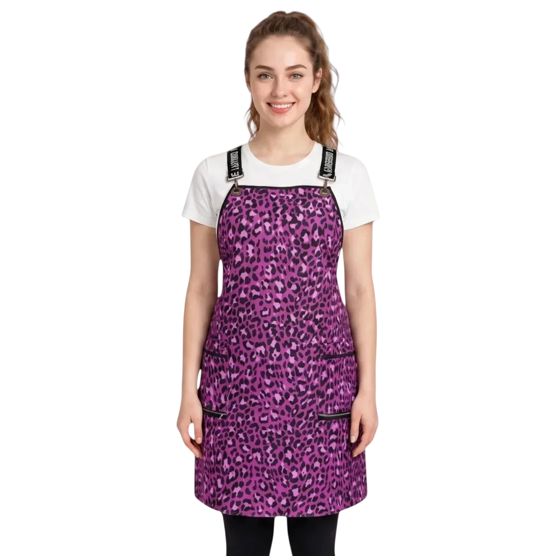 Pink Leopard Print Waterproof Signature Strap Crossover Apron by Ladybird Line