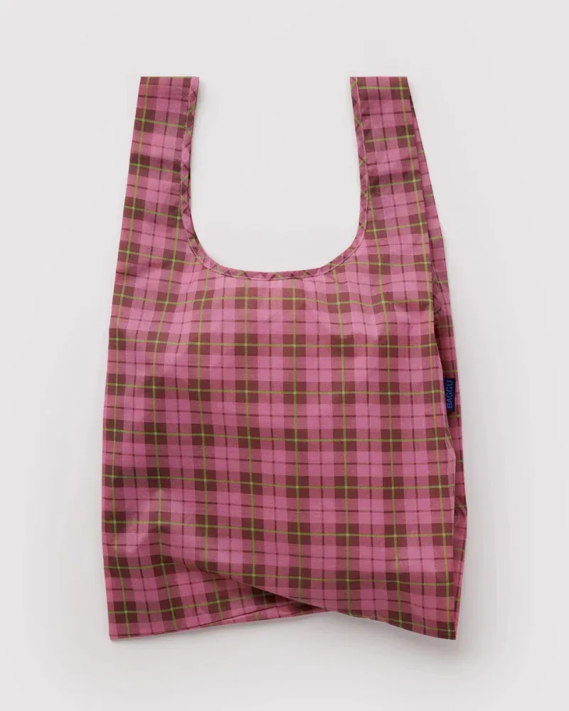 Standard Baggu Reusable Bag in Azalea Pink Tartan