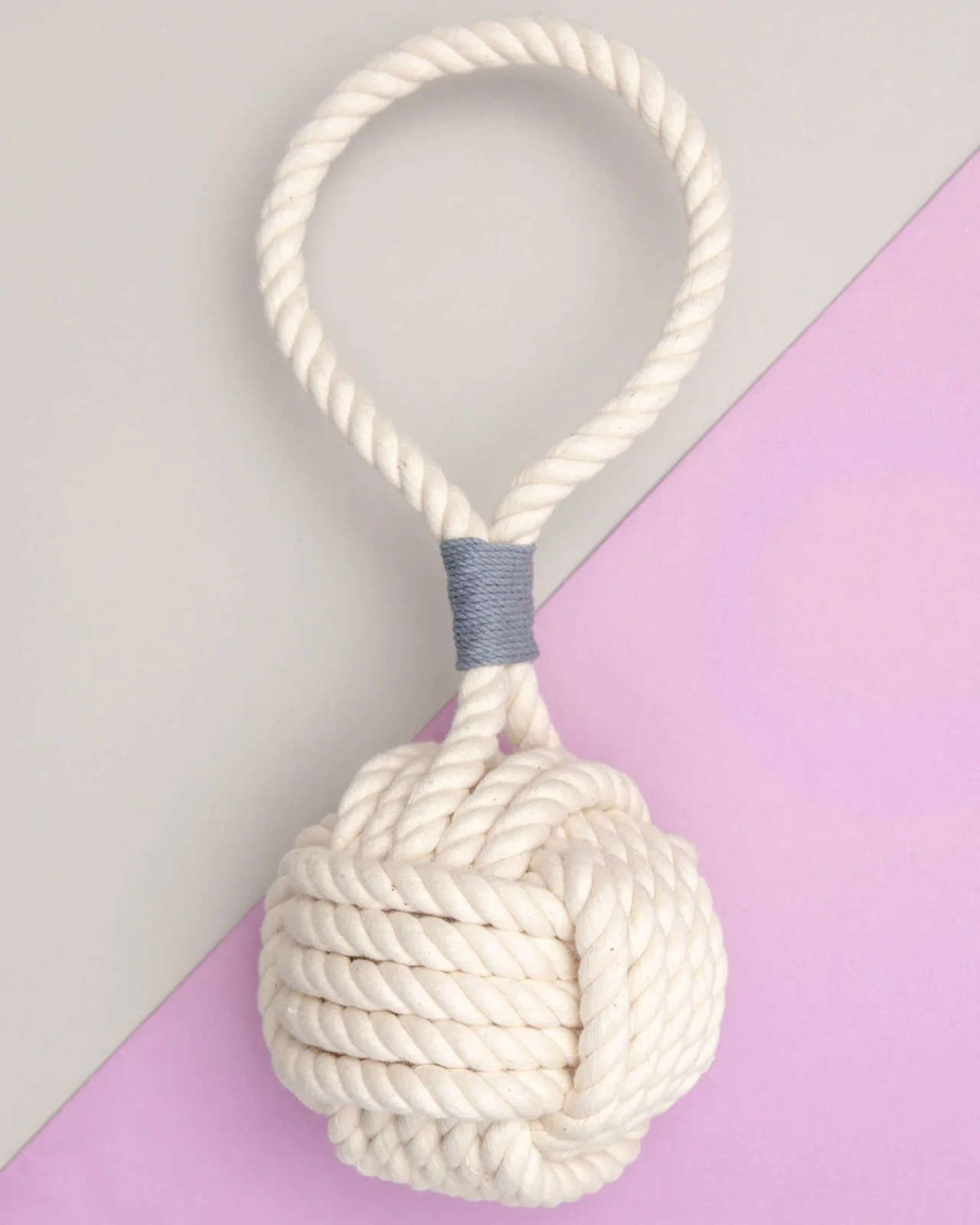 Monkey Fist Rope Dog Toy in White with Grey Whipping (Made in the USA)