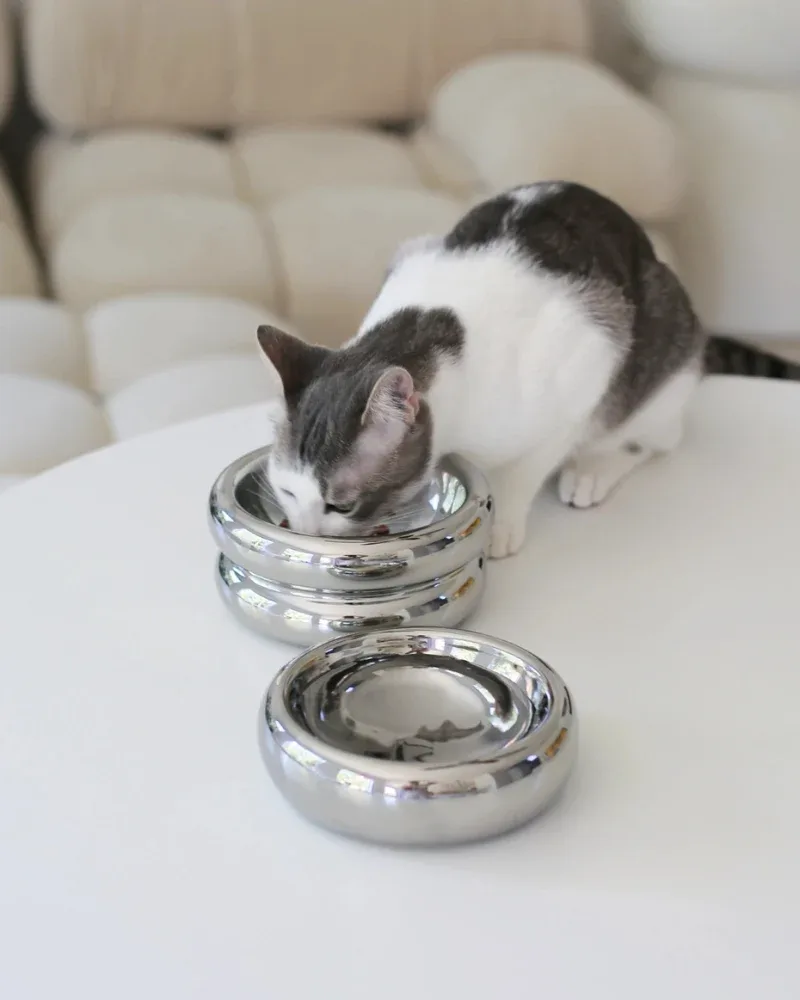 Halo Ceramic Pet Bowl in Chrome - Image 2