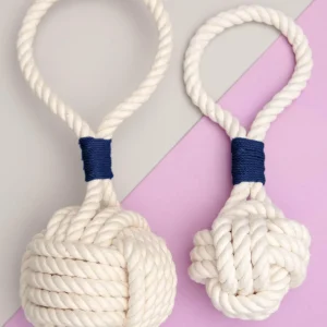 Monkey Fist Rope Dog Toy in White with Navy Whipping (Made in the USA)
